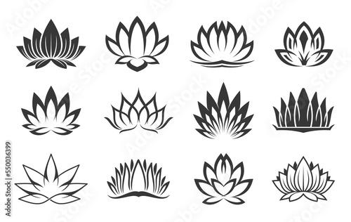 Lotus icons, spa and oriental flower for Ayurveda meditation or Buddhism, vector symbols. Lotus flower line petals for Zen tranquility, cosmetic skincare, beauty and oriental relax ornament