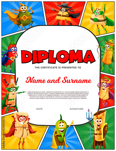 Kids diploma with cartoon retro comics. Mexican food superhero characters. Vector certificate tex mex super hero avocado, nachos, burrito and tamales. Jalapeno pepper, tequila, enchiladas personages
