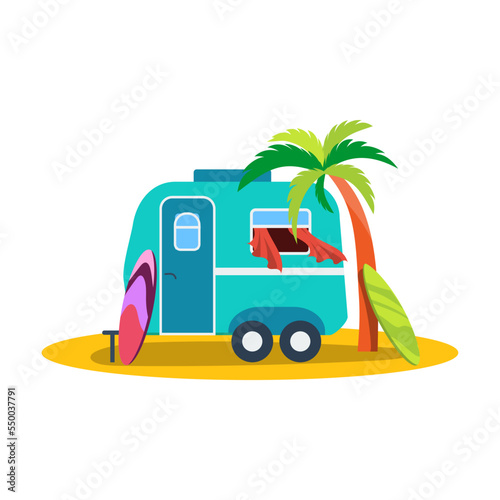 Vintage camper van flat vector illustration. Trailers or RVs for family holiday, campsite, home on wheels isolated on yellow background. Traveling vacation