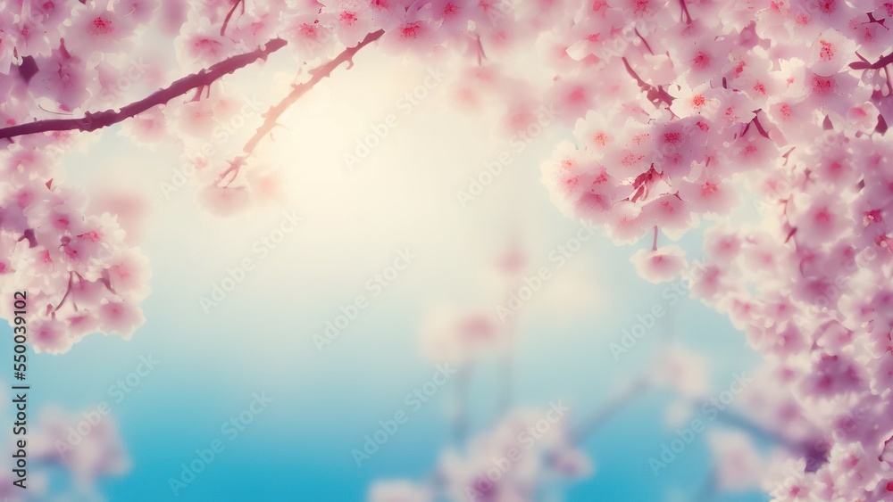 Spring banner, branches of blossoming cherry against background of blue sky and butterflies on nature outdoors, Closeup of spring blossom flower.