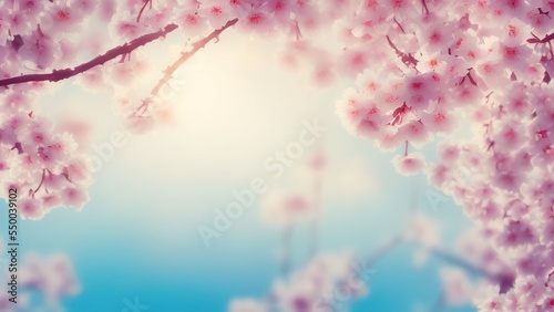 Spring banner, branches of blossoming cherry against background of blue sky and butterflies on nature outdoors, Closeup of spring blossom flower.