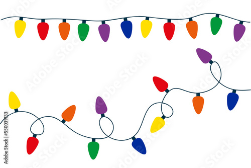 Vector christmas lights. Color light with string. Garland with lamps. Holiday celebration decoration design isolated on white background. Vector illustration for postcard, banner, wallpaper