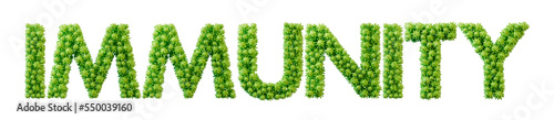 Immunity word made from green bacteria cell molecule font. Health and wellbeing. 3D Rendering
