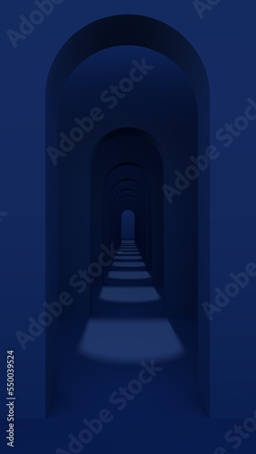 Dark blue arch arranged in a long line With Long  austere and vaulted hall with the larger rooms  3D Rendering 03