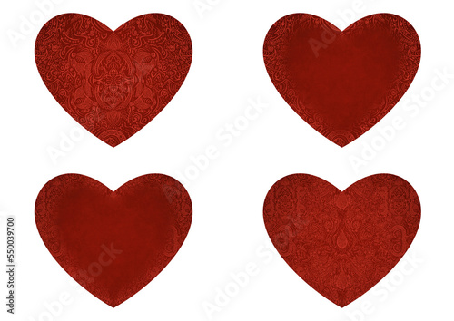 Set of 4 heart shaped valentine s cards. 2 with pattern  2 with copy space. Deep red background and bright red pattern on it. Cloth texture. Hearts size about 8x7 inch   21x18 cm  p01ab 