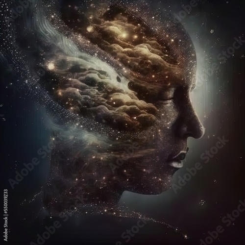 Double exposure surreal image of face and universe. Great for ads, book covers, posters and more. AI Generated Illustration.