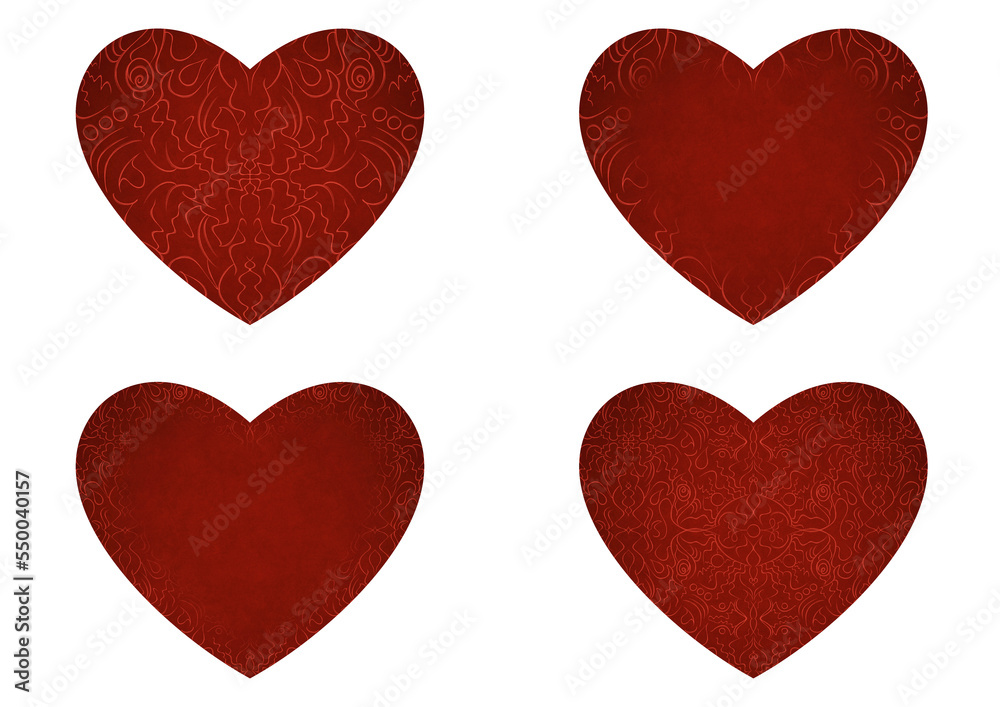Set of 4 heart shaped valentine's cards. 2 with pattern, 2 with copy space. Deep red background and bright red pattern on it. Cloth texture. Hearts size about 8x7 inch / 21x18 cm (p07-1ab)