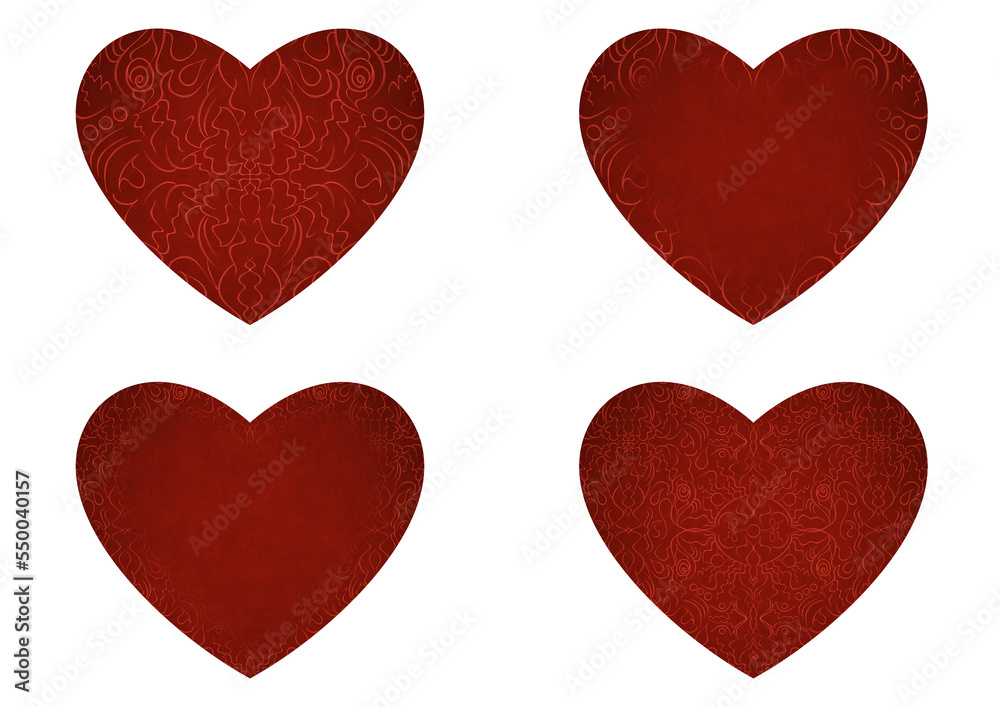 Set of 4 heart shaped valentine's cards. 2 with pattern, 2 with copy space. Deep red background and bright red pattern on it. Cloth texture. Hearts size about 8x7 inch / 21x18 cm (p07-1ab) Set of 4 heart shaped valentine's cards. 2 with pattern, 2 with copy space. Deep red background and bright red pattern on it. Cloth texture. Hearts size about 8x7 inch / 21x18 cm (p07-1ab)