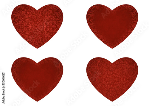 Set of 4 heart shaped valentine's cards. 2 with pattern, 2 with copy space. Deep red background and bright red pattern on it. Cloth texture. Hearts size about 8x7 inch / 21x18 cm (p06ab)