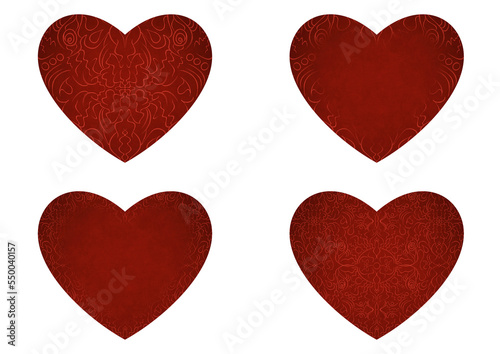 Set of 4 heart shaped valentine's cards. 2 with pattern, 2 with copy space. Deep red background and bright red pattern on it. Cloth texture. Hearts size about 8x7 inch / 21x18 cm (p07-1ab)