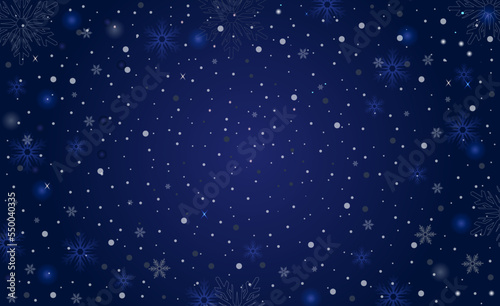 Blue Snow background. Christmas snowy winter design. White falling snowflakes, abstract landscape. Cold weather effect. Magic nature fantasy snowfall texture decoration. Vector illustration.