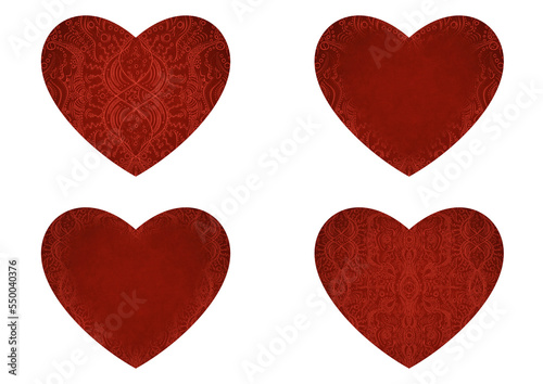 Set of 4 heart shaped valentine s cards. 2 with pattern  2 with copy space. Deep red background and bright red pattern on it. Cloth texture. Hearts size about 8x7 inch   21x18 cm  p09ab 