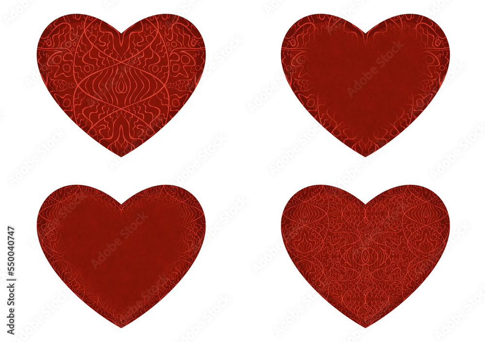 Set of 4 heart shaped valentine's cards. 2 with pattern, 2 with copy space. Deep red background and bright red pattern on it. Cloth texture. Hearts size about 8x7 inch / 21x18 cm (p02-2ab)