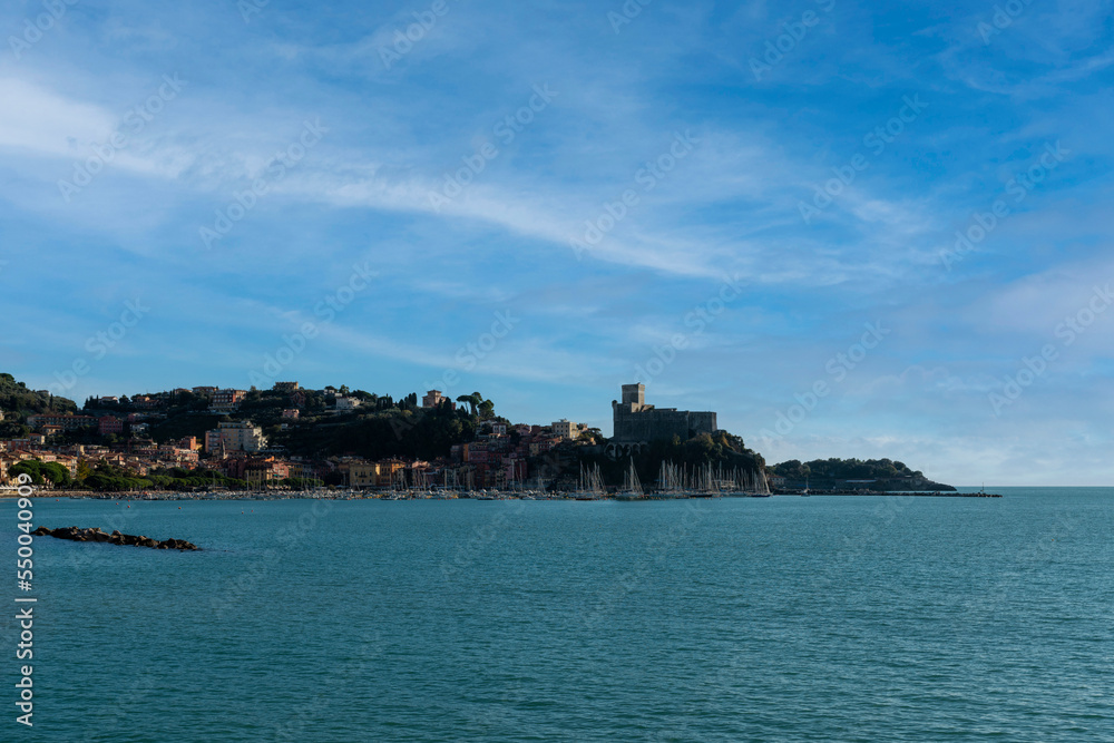 The village of Lerici by day with a view of the port and the medieval castle Lerici Italy