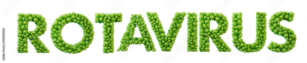 Rotavirus word made from green bacteria cell molecule font. Health and wellbeing. 3D Rendering Rotavirus word made from green bacteria cell molecule font. Health and wellbeing. 3D Rendering