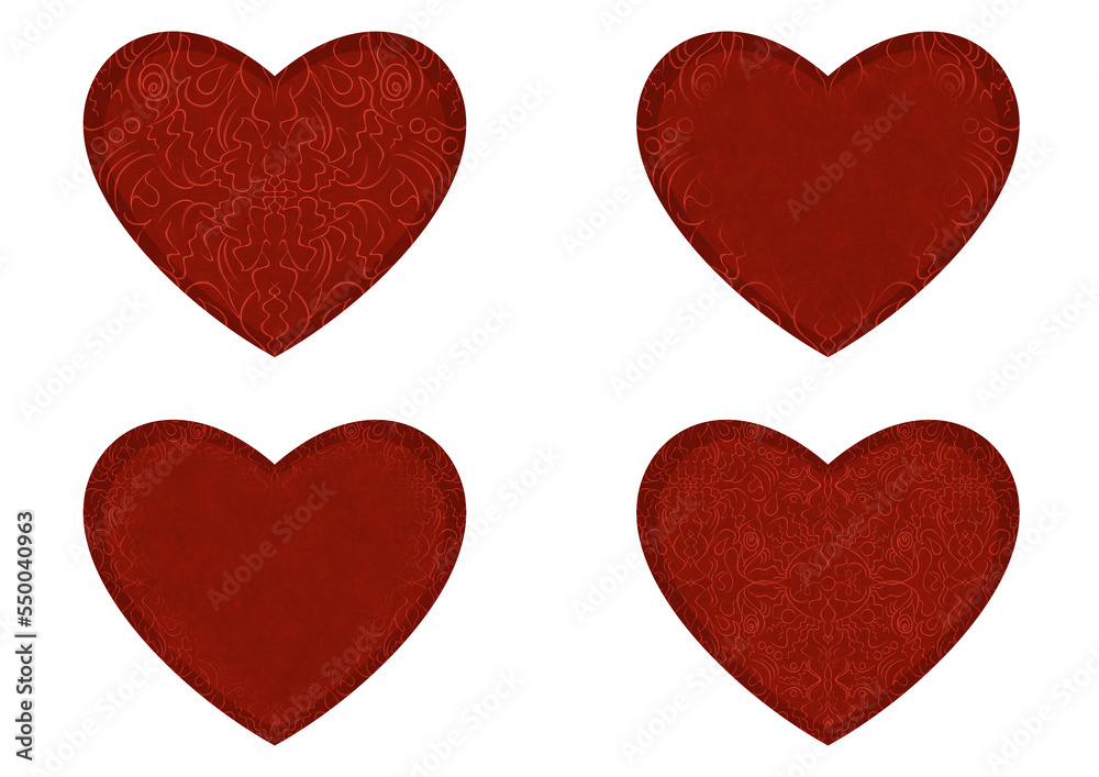 Set of 4 heart shaped valentine's cards. 2 with pattern, 2 with copy space. Deep red background and bright red pattern on it. Cloth texture. Hearts size about 8x7 inch / 21x18 cm (p07-1ab)