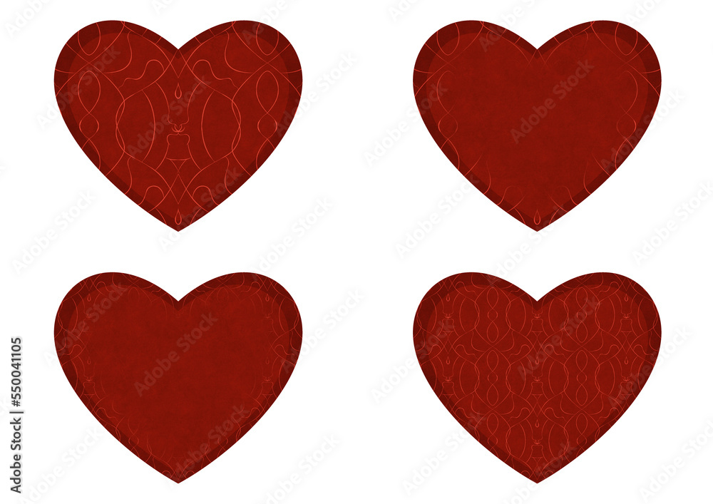 Set of 4 heart shaped valentine's cards. 2 with pattern, 2 with copy space. Deep red background and bright red pattern on it. Cloth texture. Hearts size about 8x7 inch / 21x18 cm (p08-1bc)