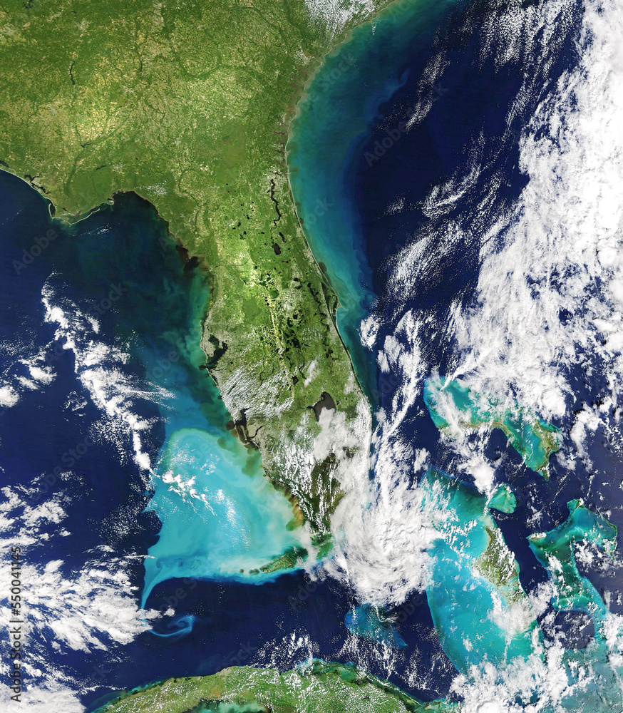 Satellite view of an hurricane hitting on  Florida. View of Cuba, The Bahamas and Caribbean from the space. Elements of this image furnished by NASA.