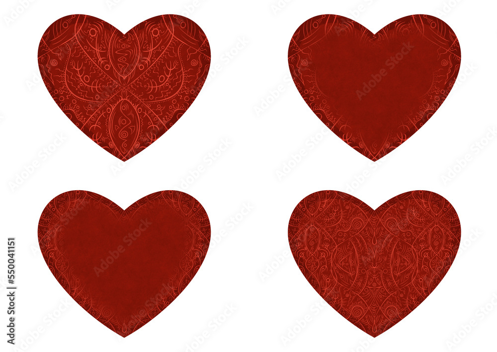 Set of 4 heart shaped valentine's cards. 2 with pattern, 2 with copy space. Deep red background and bright red pattern on it. Cloth texture. Hearts size about 8x7 inch / 21x18 cm (p08-2ab)