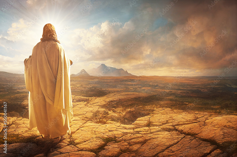 Jesus praying to God in the desert, asking for salvation, faith prayer Jesus christ pray, Digital paint illustration. Christian Catholic. - obrazy, fototapety, plakaty 