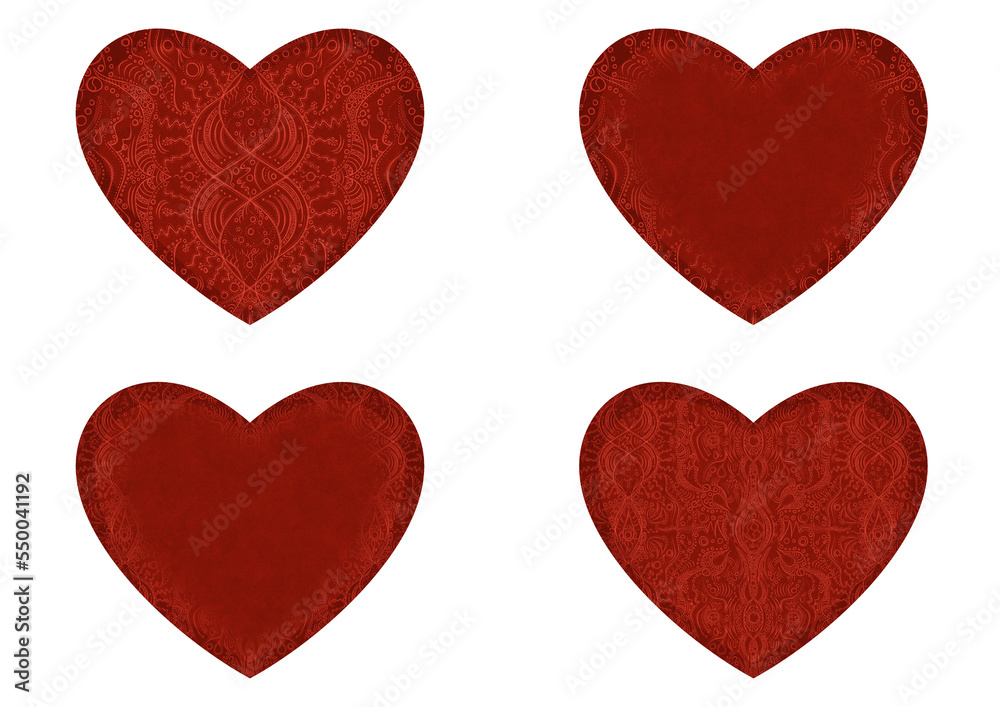 Set of 4 heart shaped valentine's cards. 2 with pattern, 2 with copy space. Deep red background and bright red pattern on it. Cloth texture. Hearts size about 8x7 inch / 21x18 cm (p09ab)