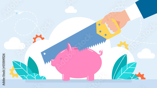 Corruption. A businessman cuts a budget, a treasury with a hand saw. Distribution of savings, money. Corruption concept. Hand with saw divides piggy bank shaped pig. Flat style. Vector illustration