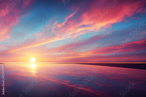 Beautiful sunset in summer illustration. beach sea and sun, sky with reflection water background, horizon ocean.