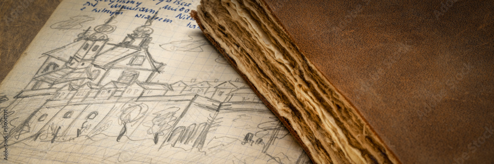 detail from a 1970s vintage travel journal with handwriting and pencil sketches (property release attached) and a retro leather-bound diary, panoramic banner