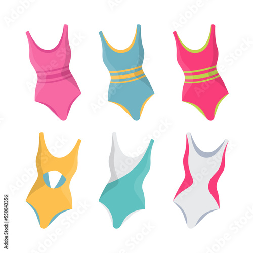 Colorful swimsuits for women vector illustrations set. Collection of cartoon drawings of swimming suits for females, clothes for beach isolated on white background. Summer, fashion, vacation concept