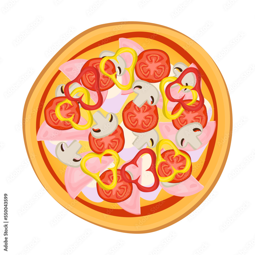 Pizza from menu isolated on background. Pizza with tomato sauce and juicy stuffing ingredients for pizzeria dish card. Vector illustration Pizza from menu isolated on background. Pizza with tomato sauce and juicy stuffing ingredients for pizzeria dish card. Vector illustration