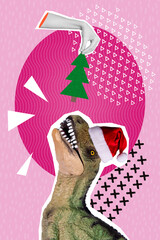 Collage photo of weird dinosaur santa hat enjoy eating christmas miniature evergreen tree poster greetings magic isolated on pink color background