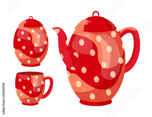 Red dotted ceramic teapot with cup vector illustrations set. Collection of cartoon drawings of pot and teacup isolated on white background. Kitchenware, teatime, coziness concept
