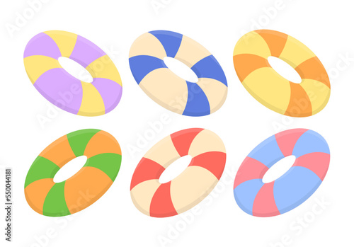 Striped inflatable rings for swimming vector illustrations set. Collection of cartoon drawings of rubber lifebuoys isolated on white background. Equipment, summer, safety concept