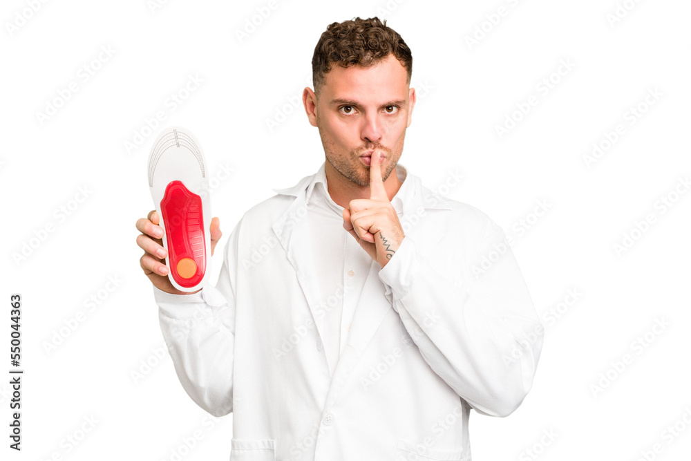 Young caucasian chiropodist man isolated keeping a secret or asking for silence. Young caucasian chiropodist man isolated keeping a secret or asking for silence.