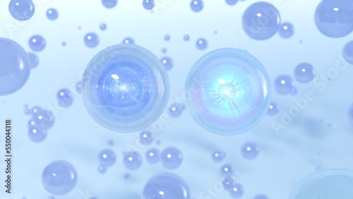 Cosmetic bubbles of serum on a blurry background. Design for collagen bubbles. Ideas for Moisturizing Cream and Serum. Vitamin for personal care and beauty concept. a 3D rendering