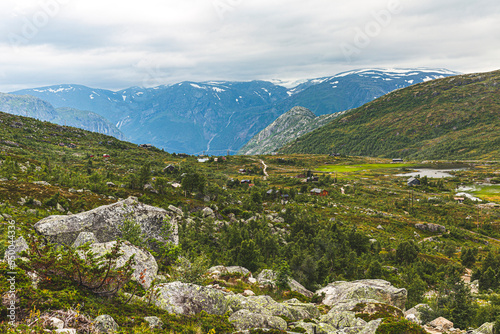 A Norwegian mountain village among green alpine fields and blue snow mountains near lake. Small wooden houses in a valley surrounded by low-growing pine trees. Off grid life, power line, electricity. 