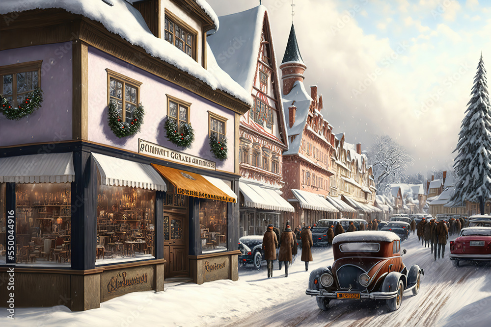 AI generated image of Christmas celebrations at a Bavarian village in Germany, with vintage cars passing by AI generated image of Christmas celebrations at a Bavarian village in Germany, with vintage cars passing by