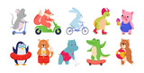 Comic animals doing summer activities vector illustrations set. Collection of drawings of wild animal cartoon characters riding scooters, playing games, eating ice cream. Summer, wildlife concept