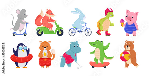 Comic animals doing summer activities vector illustrations set. Collection of drawings of wild animal cartoon characters riding scooters, playing games, eating ice cream. Summer, wildlife concept