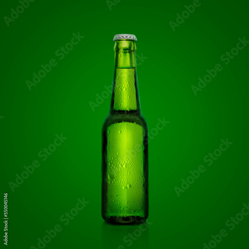 Green bottle of fresh beer with drops of condensation on a green background. 3d render