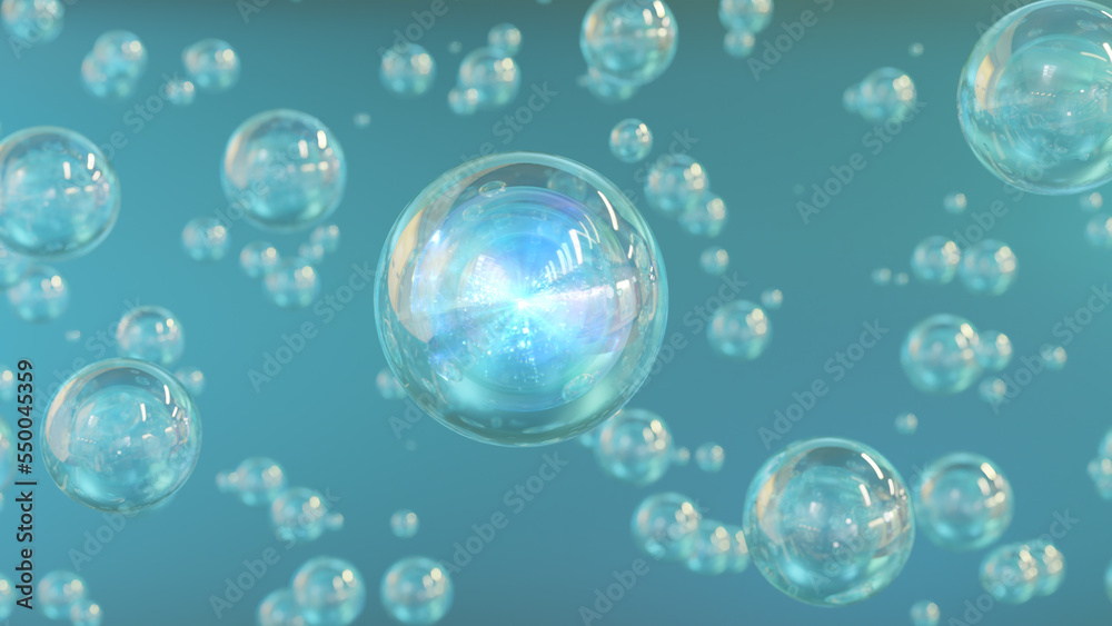 3D rendering Cosmetics Blue Serum bubbles on defocus background. Moisturizing Essentials and Serum Concept. Vitamin for personal care and beauty concept. 