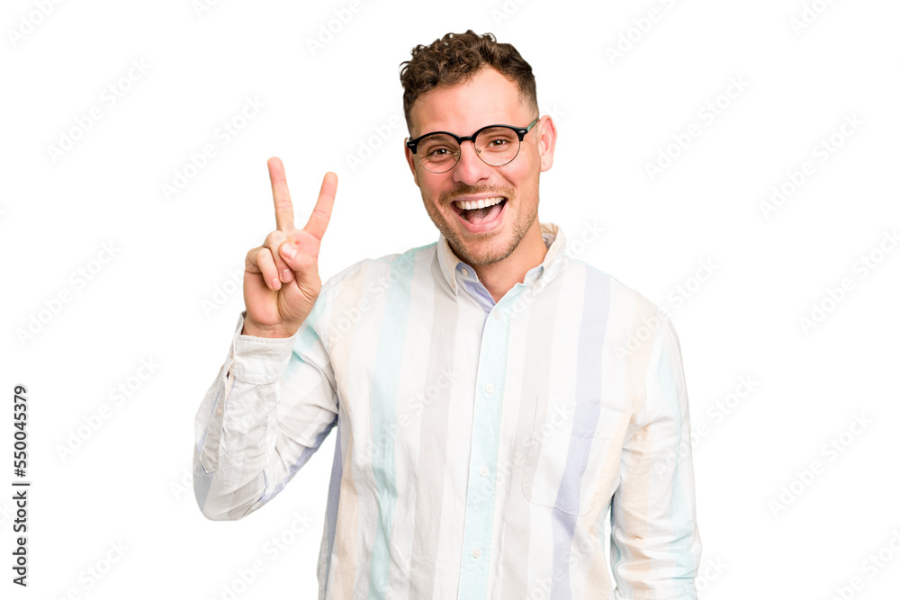 Young caucasian handsome man isolated showing number two with fingers. Young caucasian handsome man isolated showing number two with fingers.