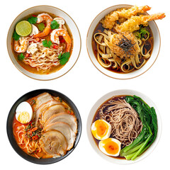 Japanese noodle ramen bowl isolated, set of asian food