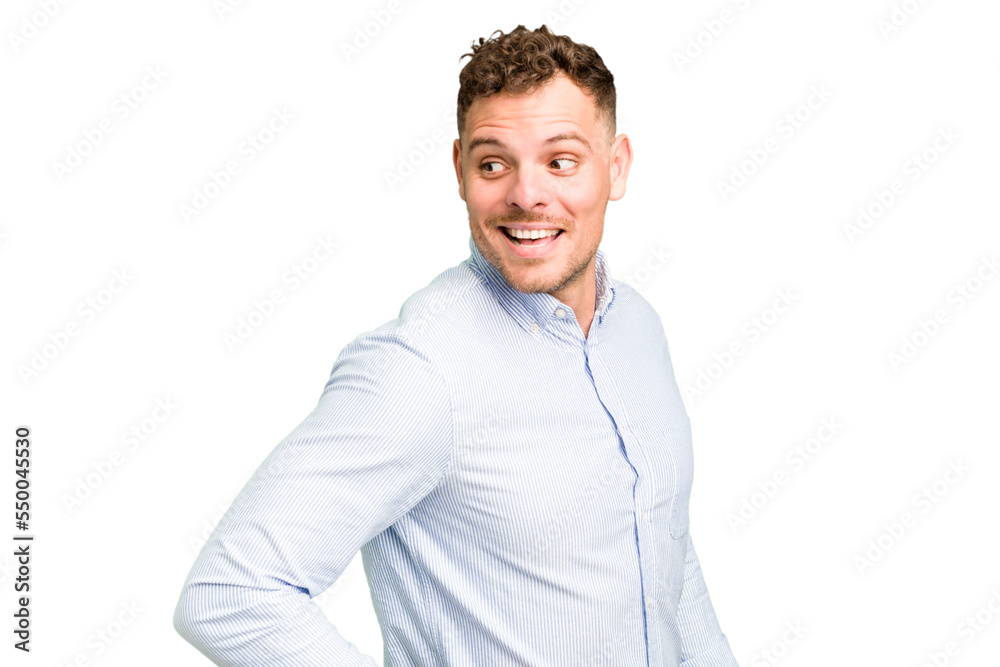 Young caucasian handsome man isolated looks aside smiling, cheerful and pleasant. Young caucasian handsome man isolated looks aside smiling, cheerful and pleasant.