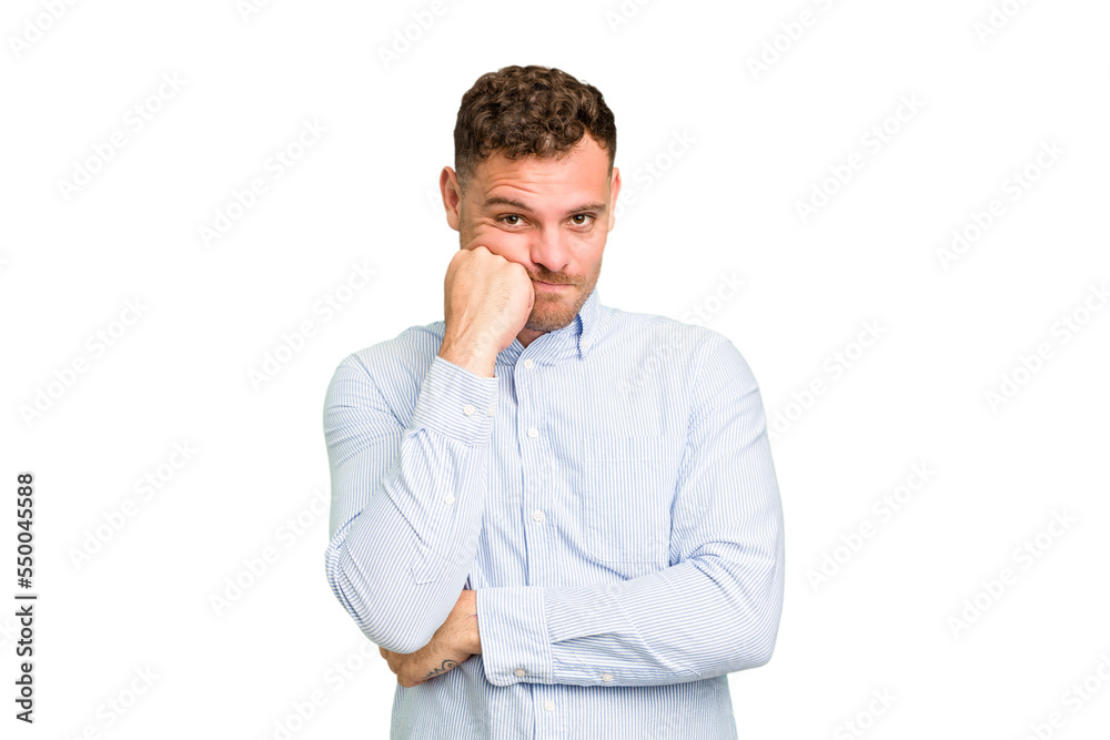 Young caucasian handsome man isolated who feels sad and pensive, looking at copy space. Young caucasian handsome man isolated who feels sad and pensive, looking at copy space.