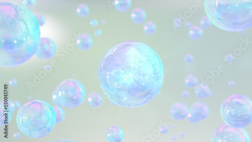 3D cosmetic rendering Colorful serum bubbles against a blurry background. collagen bubbles' structure. Moisturizing and serum concept elements. Vitamins as an idea for personal care and beauty.