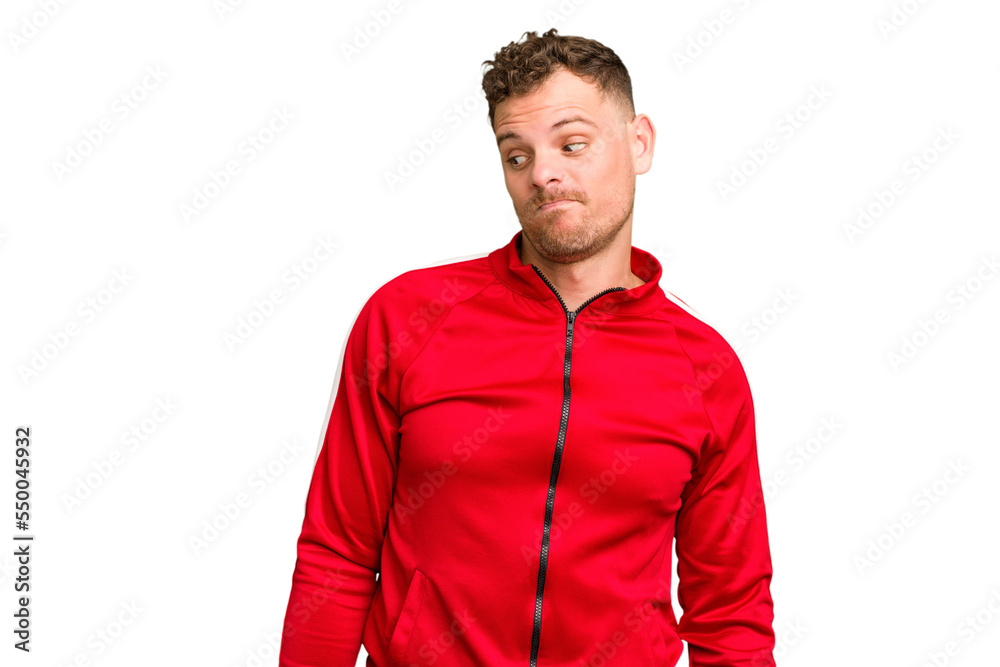 Young caucasian handsome man isolated shrugs shoulders and open eyes confused.