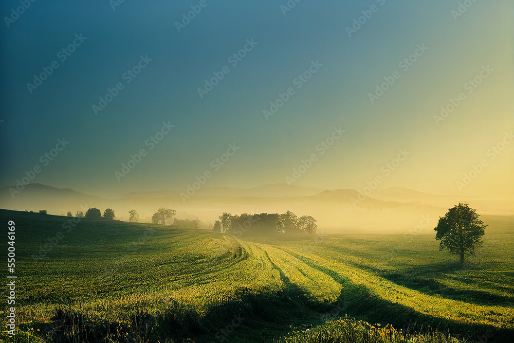 Naklejka premium Winding Farm Road through Foggy Landscape - fields, meadow, sun during sunrise