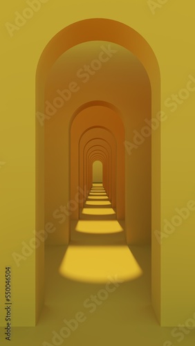Yellow concrete walkway arch arranged in a long line With sun shining from above and on the side way. In Concepts of excited construction temples and presentation. 3D Rendering 01