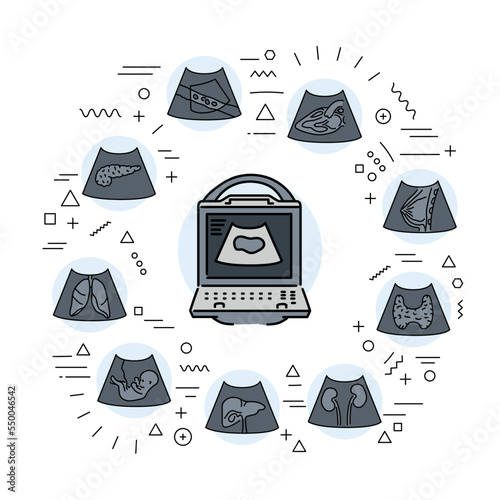 Ultrasonography web banner. Infographics with linear icons